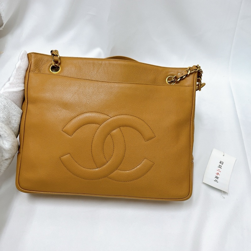 莉亞精品♡ Chanel A01369 米色金釦雙C托特包 奶茶 二手-2