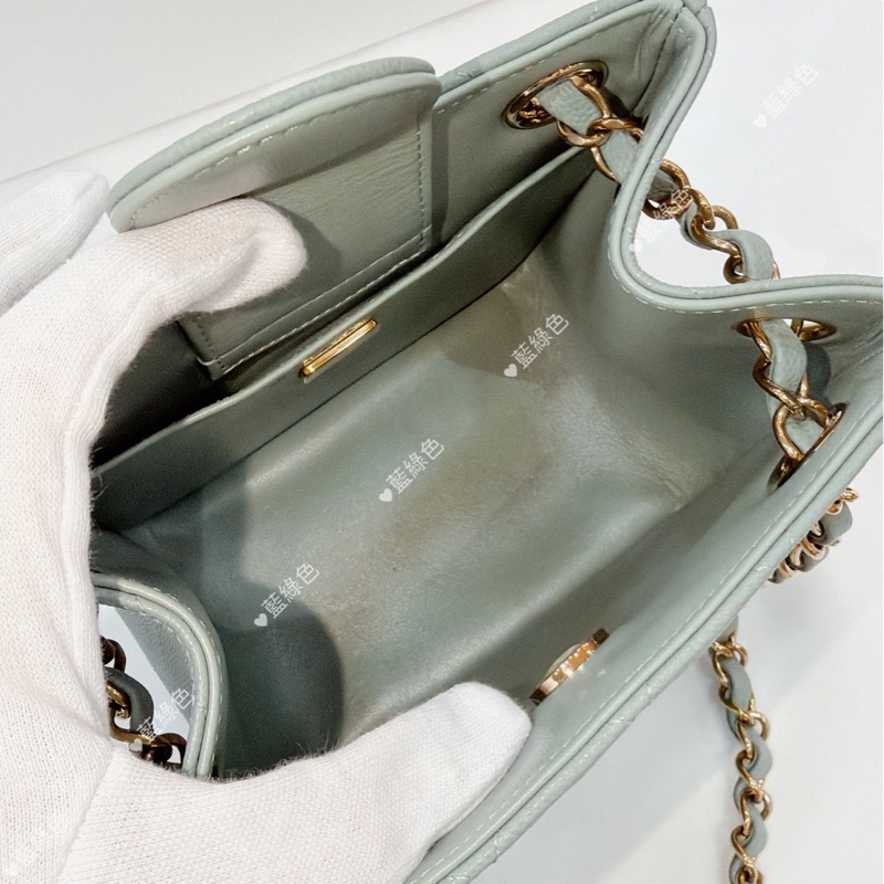 莉亞精品♡ Chanel AS3176 經典mini 水桶包 藍綠色 二手-13