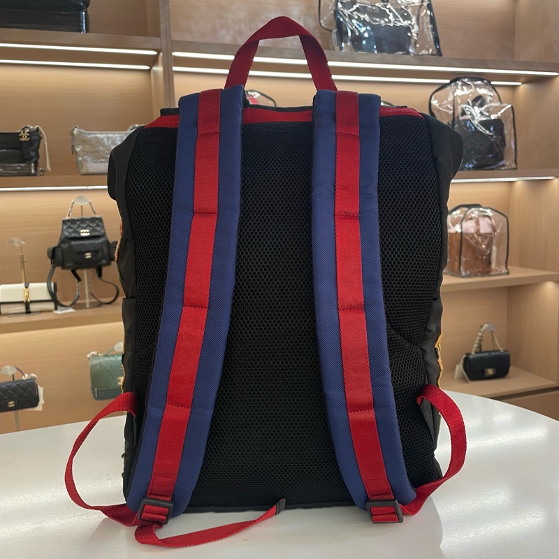 GUCCI/虎头刺绣双肩包 黑色款 男女都能背 虎头+花朵刺绣设计 拉链+抽绳 多口袋 肩带可调节 98新-1