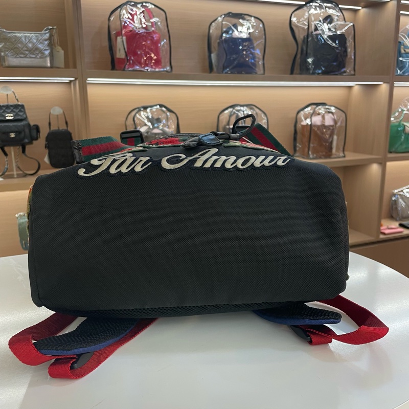 GUCCI/虎头刺绣双肩包 黑色款 男女都能背 虎头+花朵刺绣设计 拉链+抽绳 多口袋 肩带可调节 98新-4