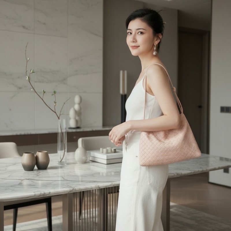 🌺2026春夏新品特價上市🌺Bottega Veneta 796728 編織小牛皮抽繩福袋包 粉色-4