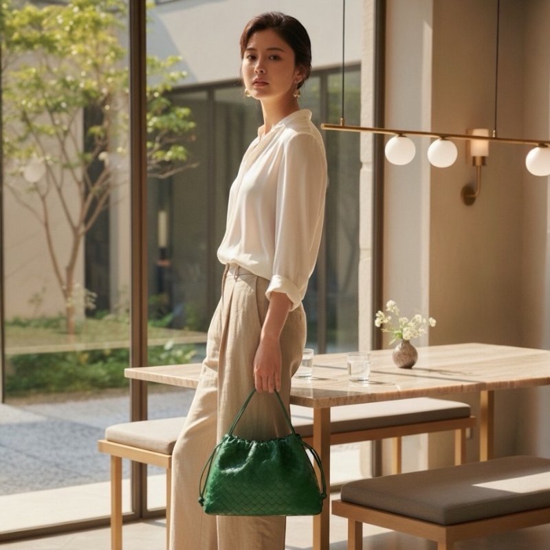 ✨全新真品✨ Bottega Veneta 796728 編織小牛皮抽繩福袋包 綠色-5