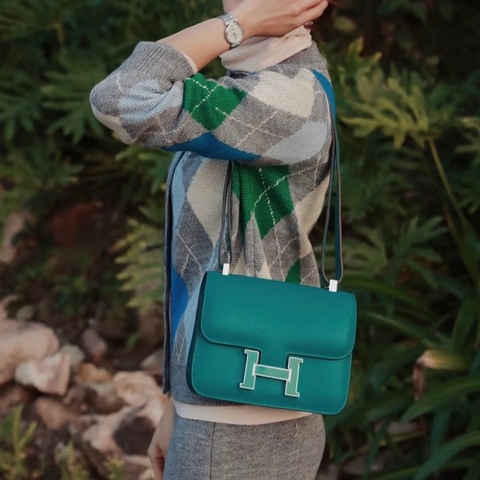 HERMES綠色EPSOM銀釦康康24肩側背包M071242CKAA
