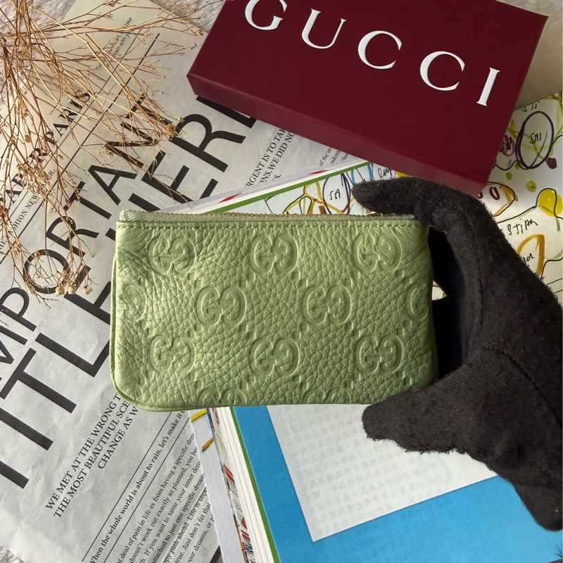 GG Logo 壓紋皮革拉鍊零錢包/鑰匙包(淺綠色)-3