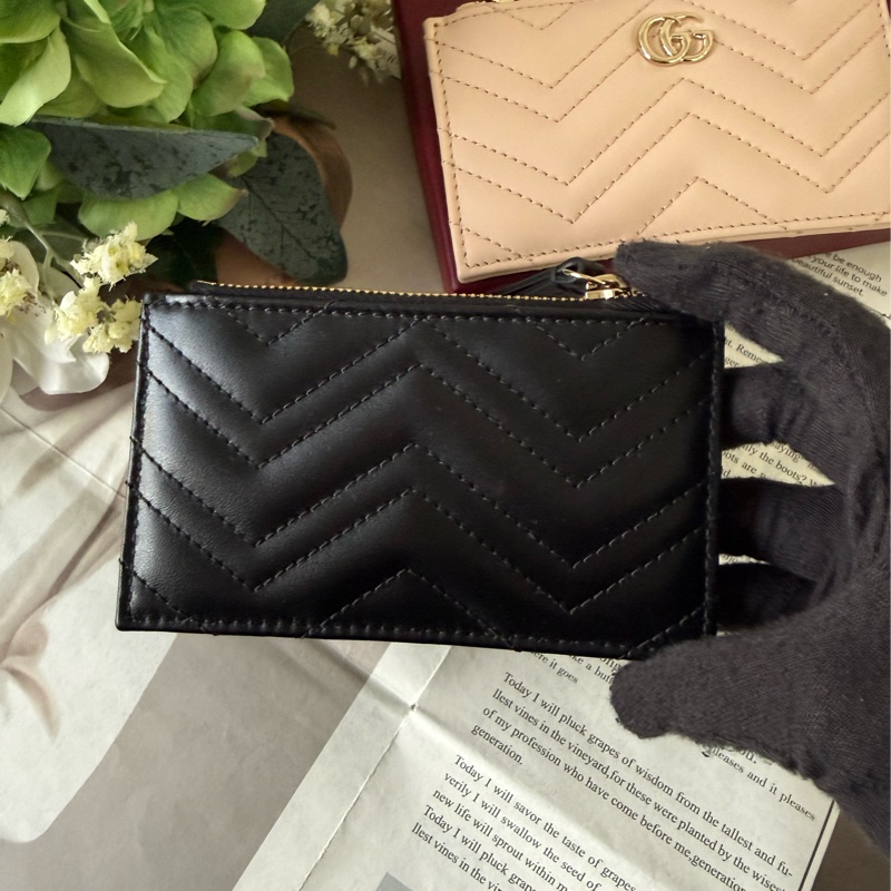 金色GG Logo 縫線皮革拉鍊零錢包/鑰匙包(黑色)-3