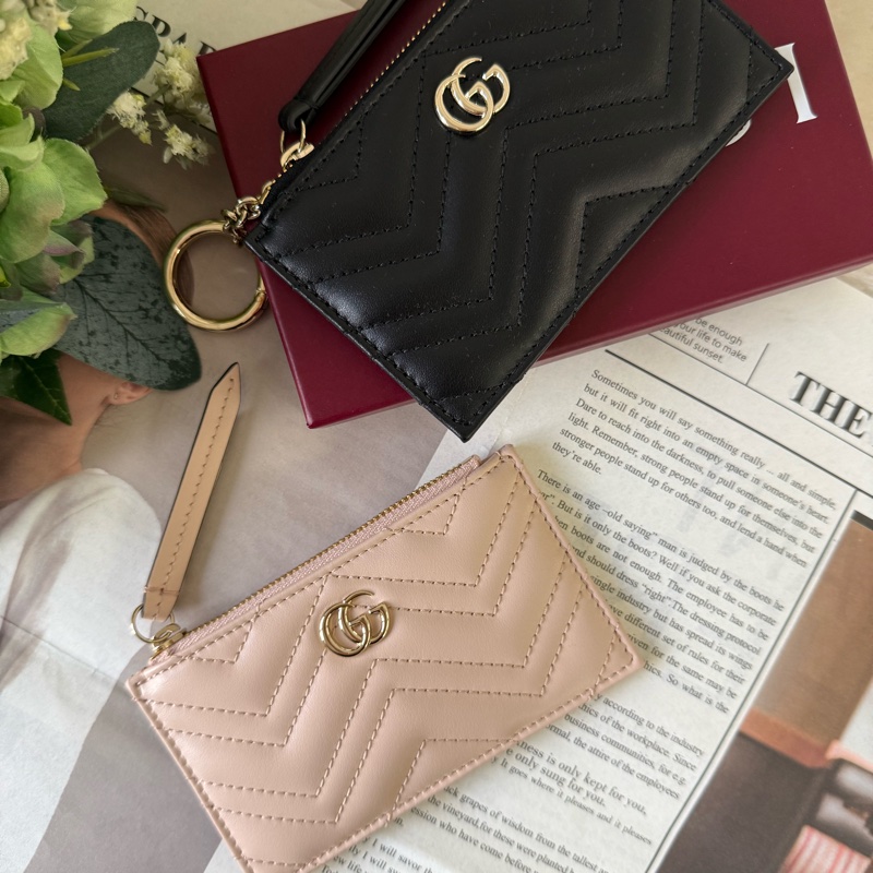金色GG Logo 縫線皮革拉鍊零錢包/鑰匙包(裸粉色)-0