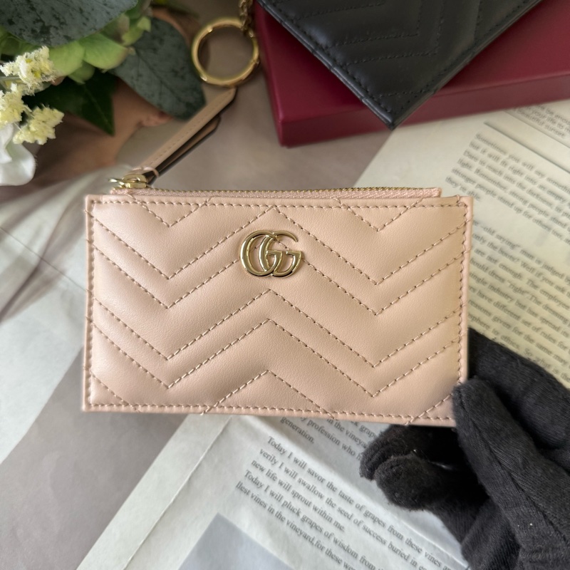 金色GG Logo 縫線皮革拉鍊零錢包/鑰匙包(裸粉色)-1