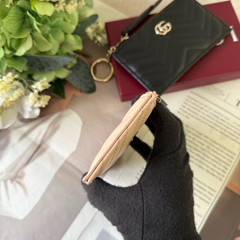 金色GG Logo 縫線皮革拉鍊零錢包/鑰匙包(裸粉色)-2