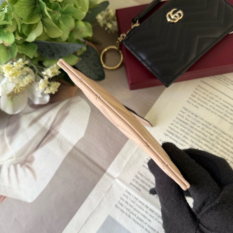 金色GG Logo 縫線皮革拉鍊零錢包/鑰匙包(裸粉色)-3