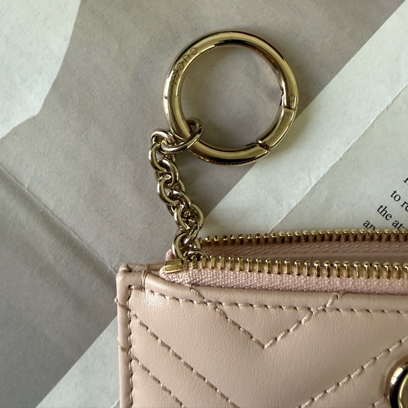 金色GG Logo 縫線皮革拉鍊零錢包/鑰匙包(裸粉色)-5