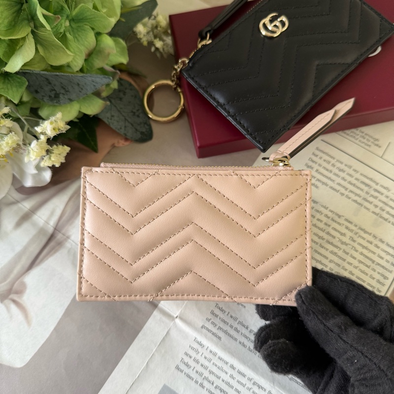 金色GG Logo 縫線皮革拉鍊零錢包/鑰匙包(裸粉色)-6