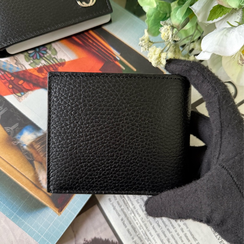 金屬縫線雙G Logo牛皮零錢袋短夾(黑色)-3