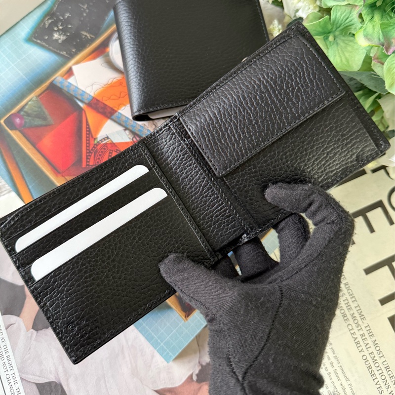 金屬縫線雙G Logo牛皮零錢袋短夾(黑色)-5