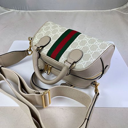 *奢華大道國際精品*【G1819】GUCCI燕麥色PVC 綠紅綠 OPHIDIA GG保齡球兩用包 724606-3