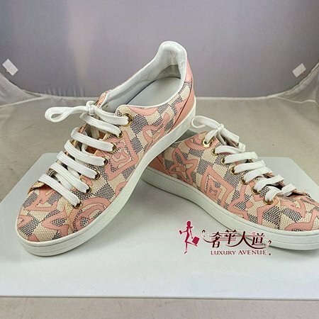 *奢華大道國際精品＊【L3385】LV白色棋盤格拼粉色LOGO休閒鞋 36號