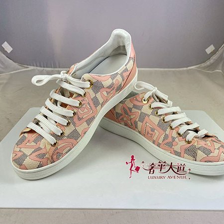 *奢華大道國際精品＊【L3385】LV白色棋盤格拼粉色LOGO休閒鞋 36號-0