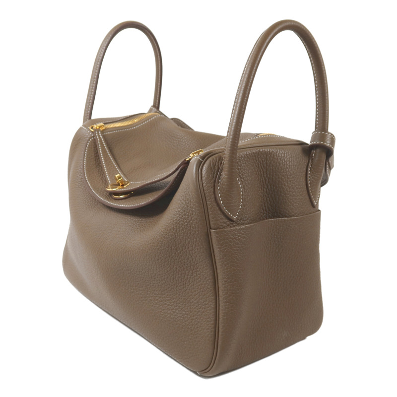 HERMES Clemence皮革Lindy 30金扣手挽肩背兩用袋Etoupe-2