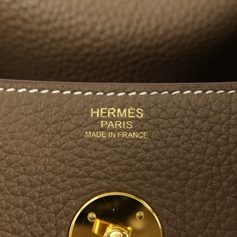 HERMES Clemence皮革Lindy 30金扣手挽肩背兩用袋Etoupe-5