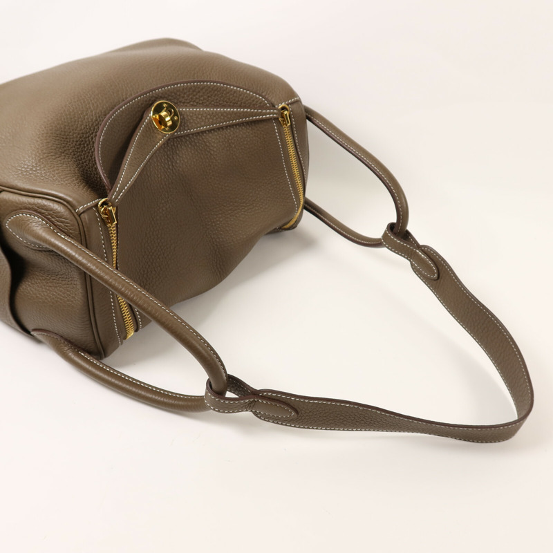 HERMES Clemence皮革Lindy 30金扣手挽肩背兩用袋Etoupe-7