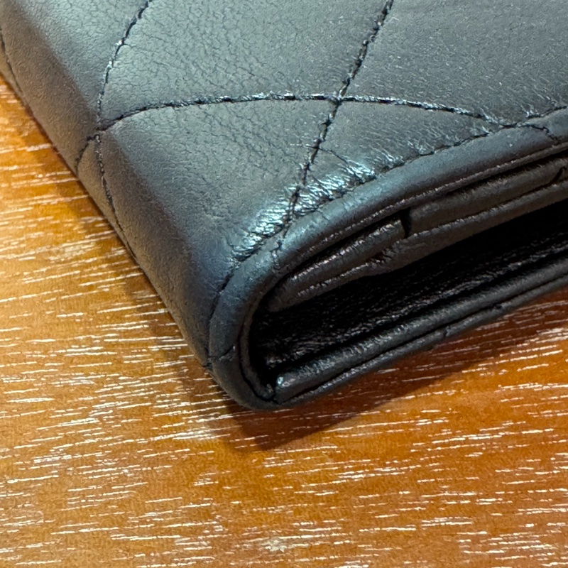 Chanel 黑色 羊皮 銀色CC logo 小錢包-14