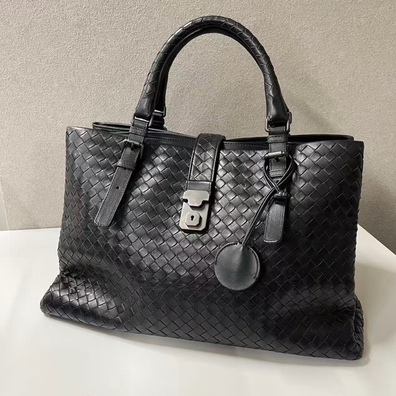 「JL精品代購」bottega veneta BV黑色羊皮編織手提通勤托特包-0