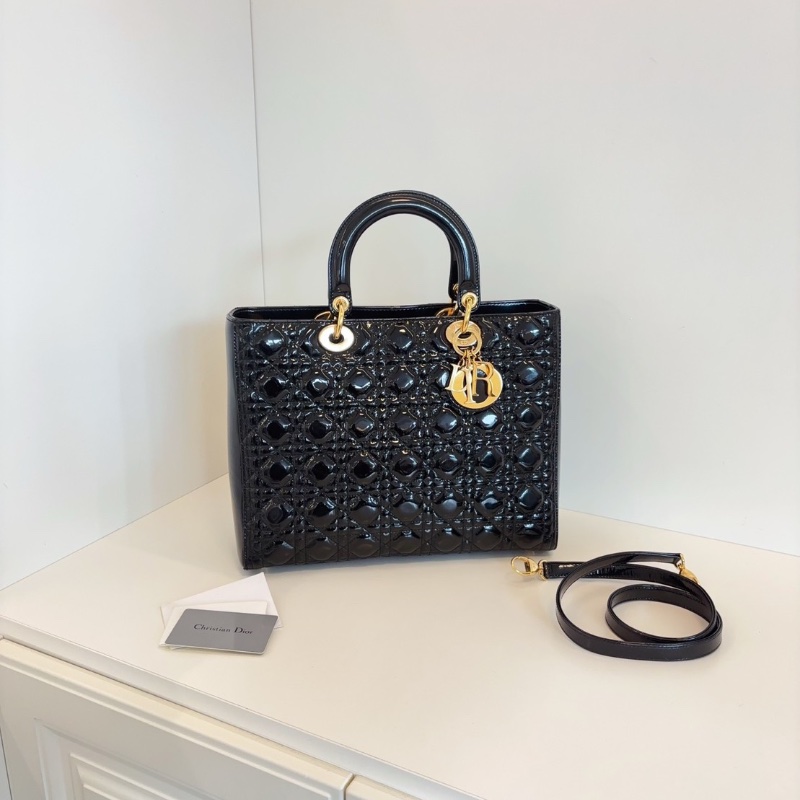 Dior 黑金漆皮 七格黛妃包 31*25*11 98新配件肩帶塵袋保卡-2