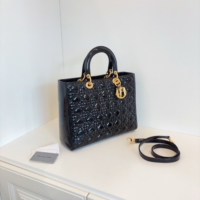 Dior 黑金漆皮 七格黛妃包 31*25*11 98新配件肩帶塵袋保卡-4