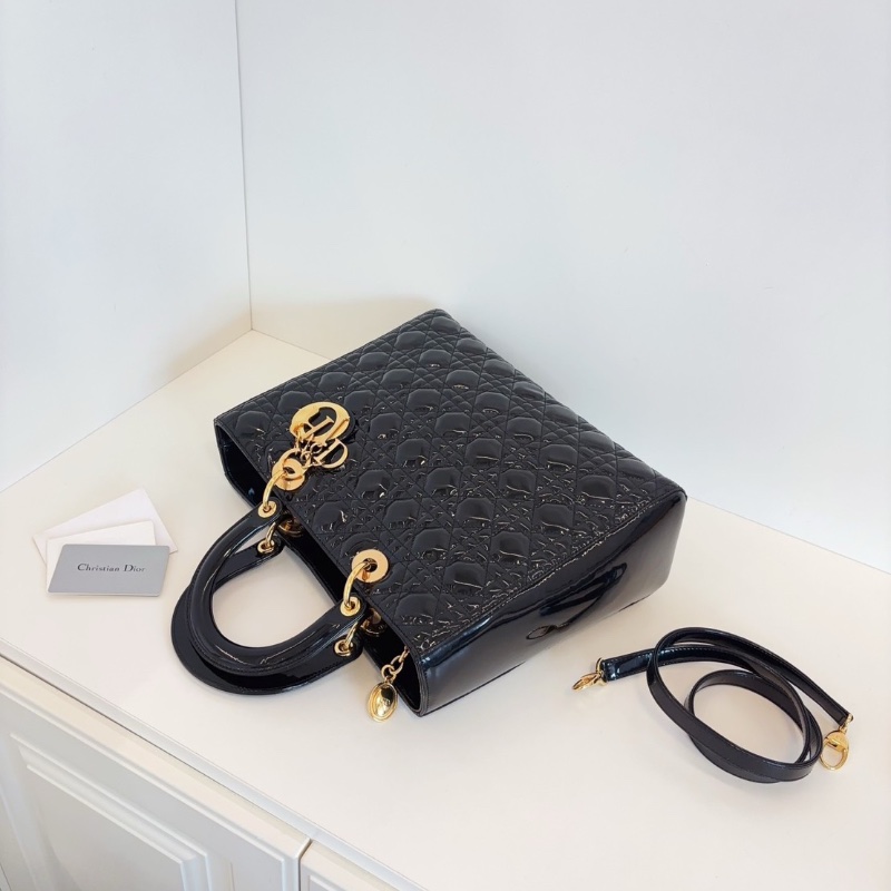 Dior 黑金漆皮 七格黛妃包 31*25*11 98新配件肩帶塵袋保卡-8
