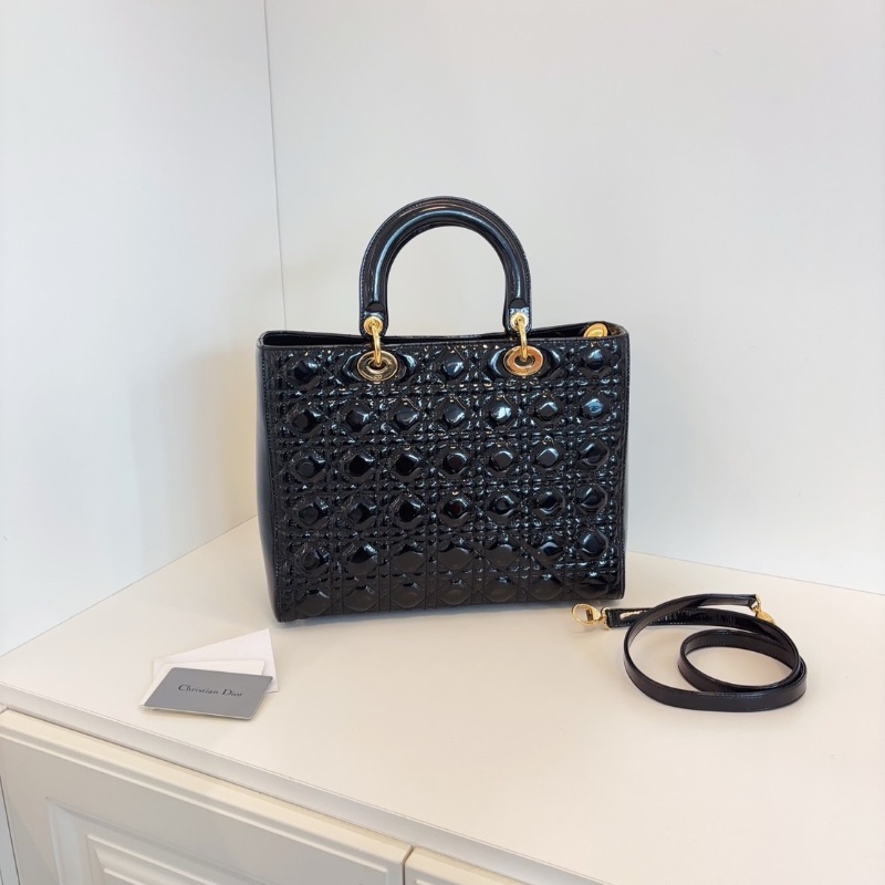 Dior 黑金漆皮 七格黛妃包 31*25*11 98新配件肩帶塵袋保卡-9