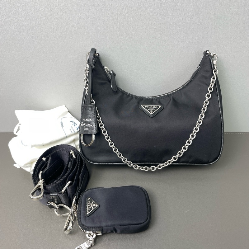 Prada/普拉達 女包2005三合一尼龍包 附鏈條肩帶和寬肩帶 可腋下單肩斜挎 有可拆卸零錢包-0