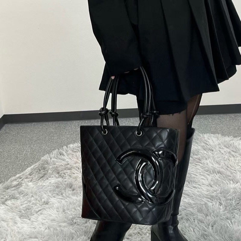 「JL精品代購」香奈兒全黑牛皮康鵬手提菜籃子小號-2