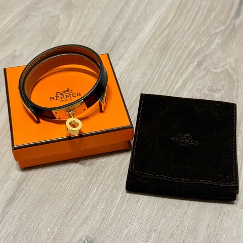 Hermès Kelly Double Tour 皮革手環（黑小牛皮/金釦）