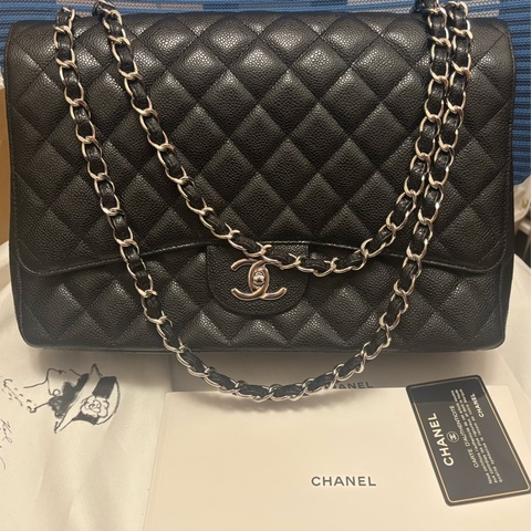 Chanel CF Maxi 黑荔枝牛皮銀鏈 經典款最大尺寸