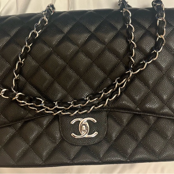 Chanel CF Maxi 黑荔枝牛皮銀鏈 經典款最大尺寸-10