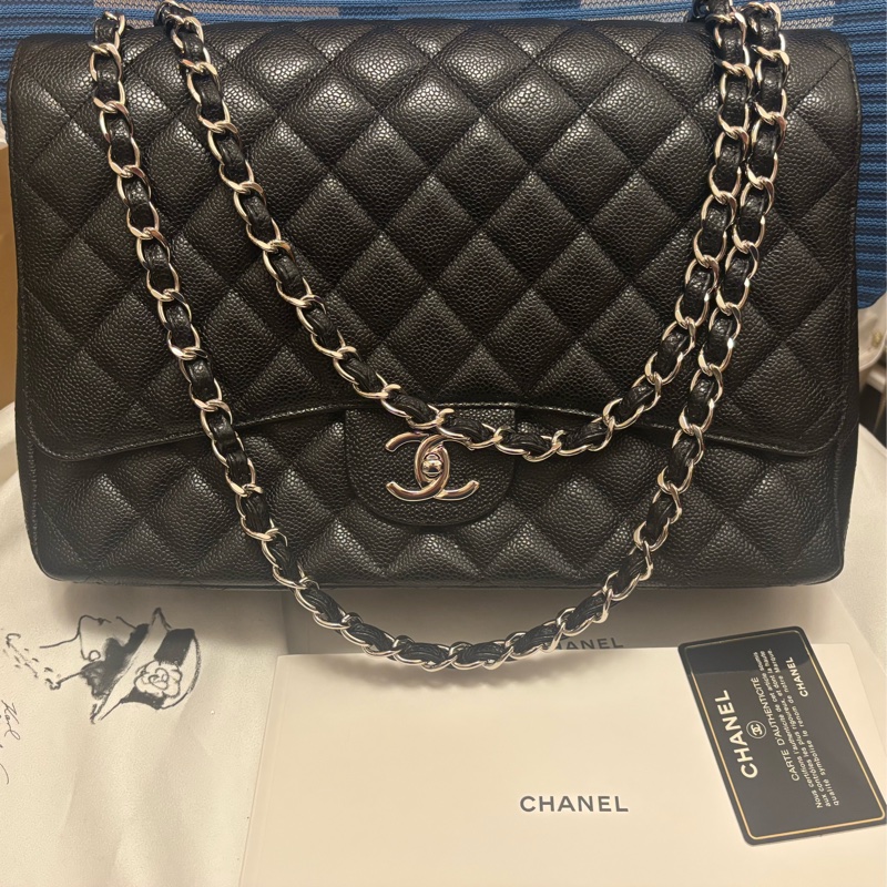 Chanel CF Maxi 黑荔枝牛皮銀鏈 經典款最大尺寸-15