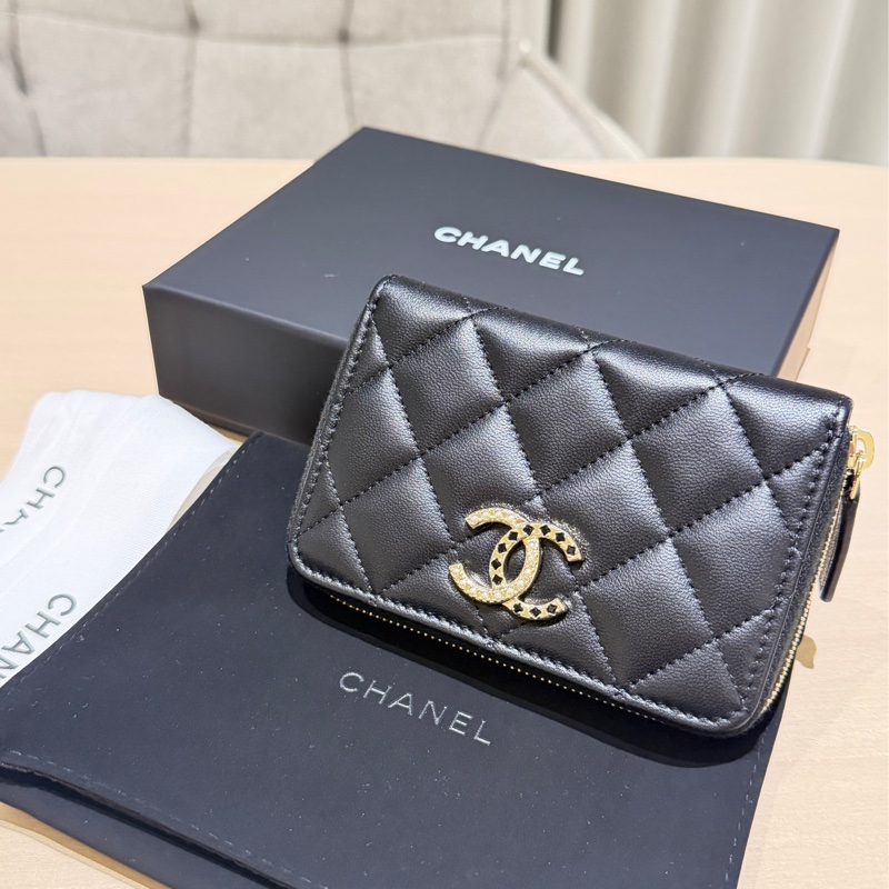 全新-Chanel 黑色羊皮菱格紋拉鍊卡夾-0