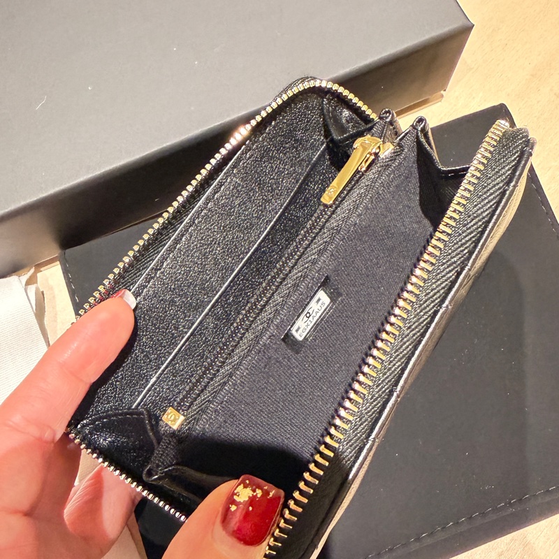 全新-Chanel 黑色羊皮菱格紋拉鍊卡夾-7