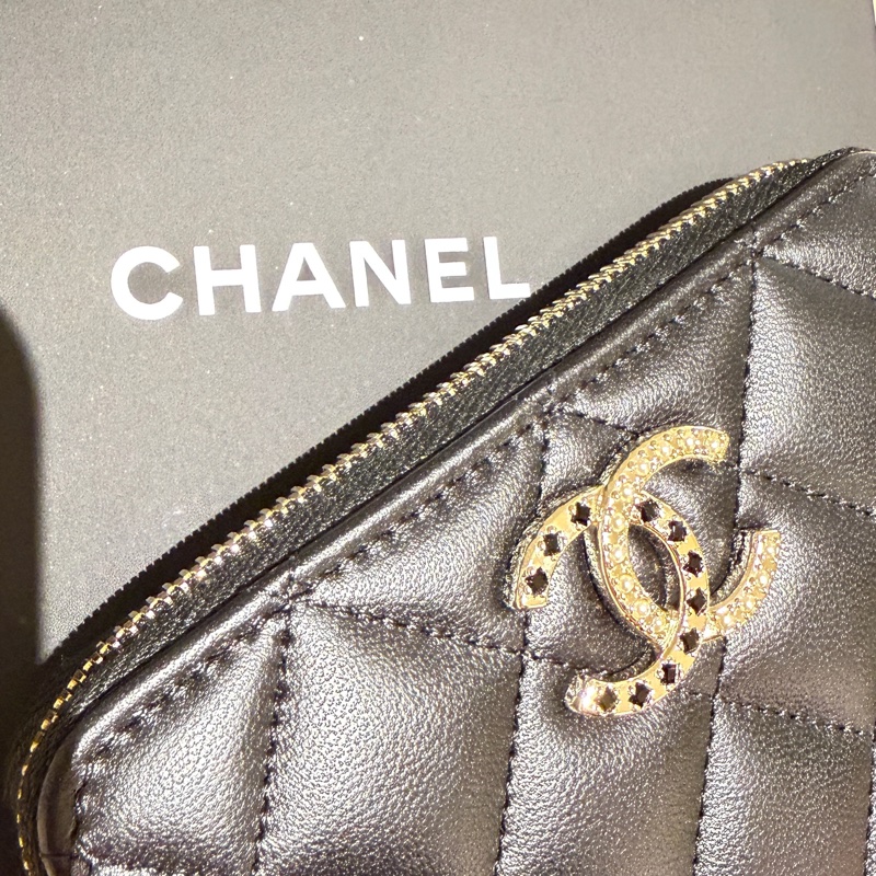 全新-Chanel 黑色羊皮菱格紋拉鍊卡夾-17