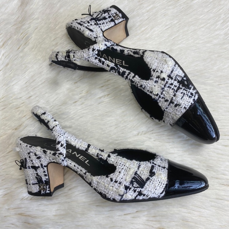【經典黑白配🖤🤍永遠不過時】Chanel Slingback瑪麗珍鞋 黑白拼色粗呢 女士 高跟鞋後鞋|帶露跟單鞋|涼鞋-2