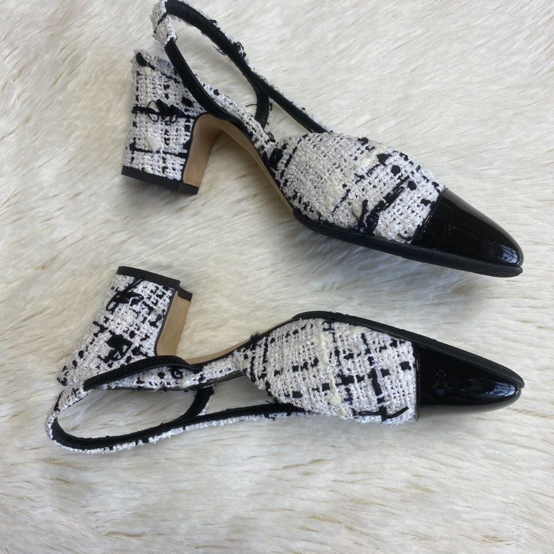 【經典黑白配🖤🤍永遠不過時】Chanel Slingback瑪麗珍鞋 黑白拼色粗呢 女士 高跟鞋後鞋|帶露跟單鞋|涼鞋-3