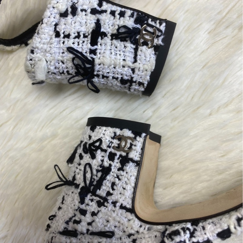 【經典黑白配🖤🤍永遠不過時】Chanel Slingback瑪麗珍鞋 黑白拼色粗呢 女士 高跟鞋後鞋|帶露跟單鞋|涼鞋-4