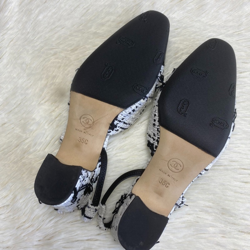 【經典黑白配🖤🤍永遠不過時】Chanel Slingback瑪麗珍鞋 黑白拼色粗呢 女士 高跟鞋後鞋|帶露跟單鞋|涼鞋-5