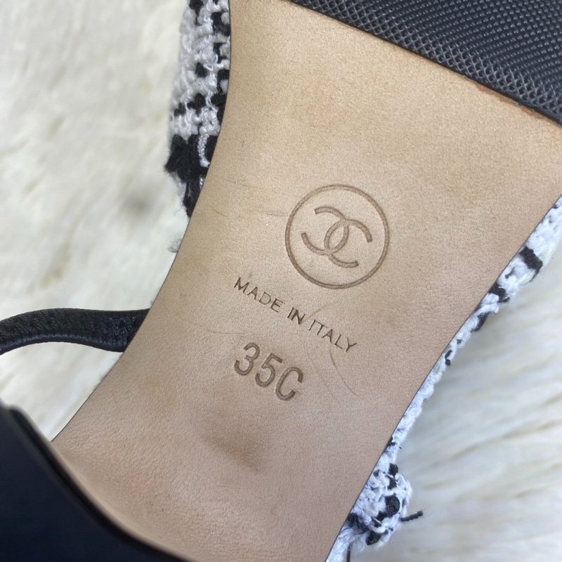 【經典黑白配🖤🤍永遠不過時】Chanel Slingback瑪麗珍鞋 黑白拼色粗呢 女士 高跟鞋後鞋|帶露跟單鞋|涼鞋-6