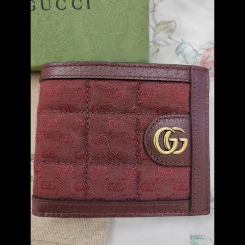 GUCCI 方格紋金色雙G扣式酒紅色短夾