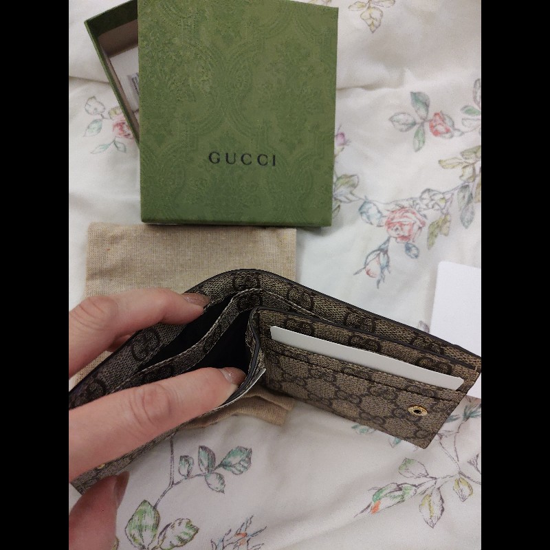 GUCCI 方格紋金色雙G扣式酒紅色短夾-6