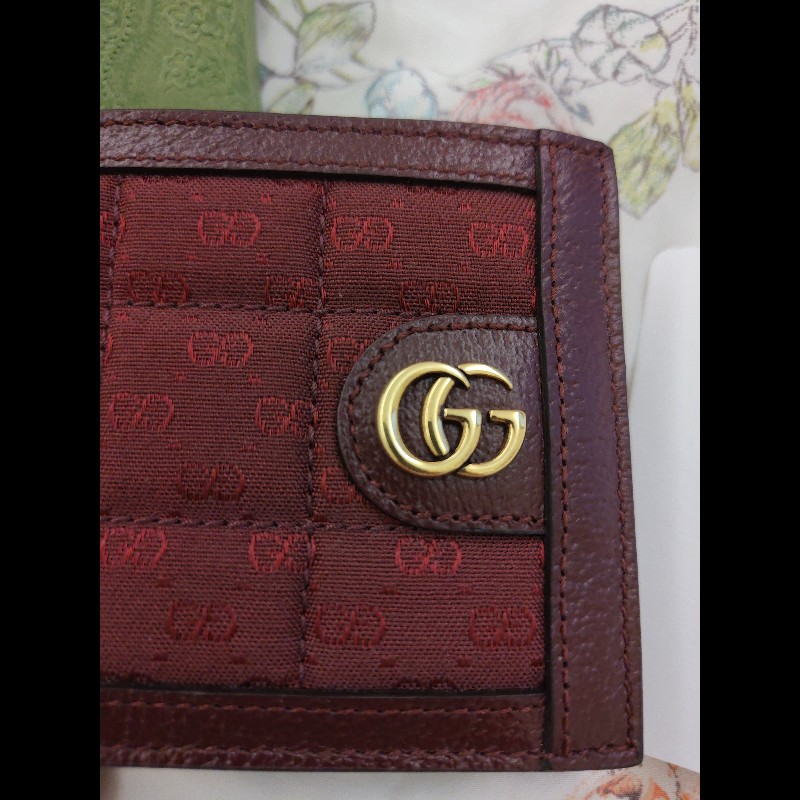 GUCCI 方格紋金色雙G扣式酒紅色短夾-7