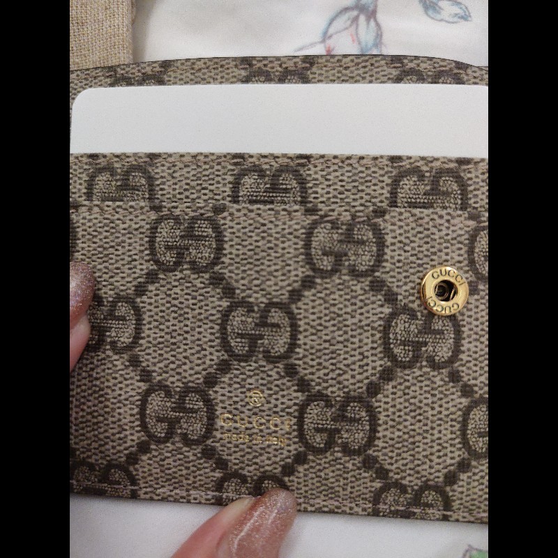 GUCCI 方格紋金色雙G扣式酒紅色短夾-8