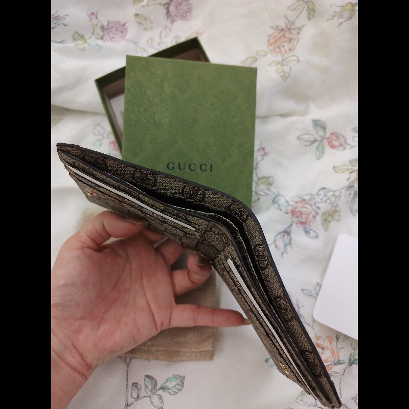 GUCCI 方格紋金色雙G扣式酒紅色短夾-9