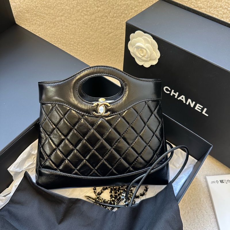 Chanel香奈兒31bag 黑色菱格紋油蠟皮25年晶片款羊皮材質金鍊 鍊條單肩斜挎手提包 迷你 女款 黑色全新正品,-0