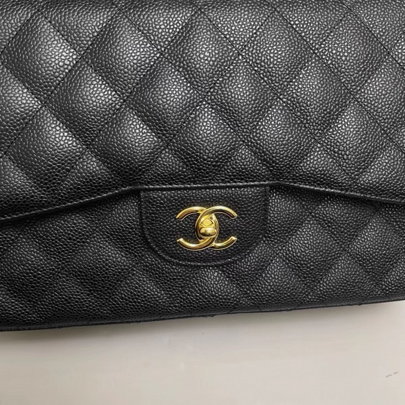 Chanel香奈兒 CF jumbo黑金牛皮荔枝紋雙蓋包-4